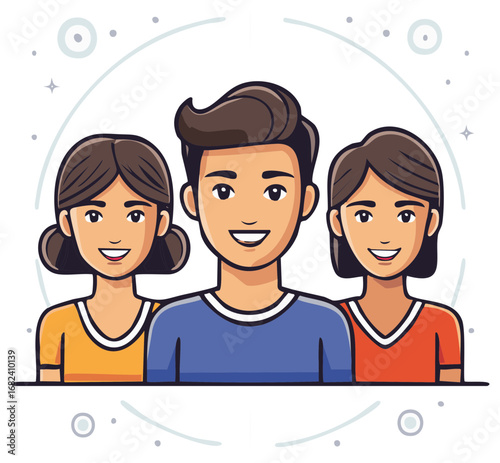 Illustration of three smiling young adults with brown hair standing close together