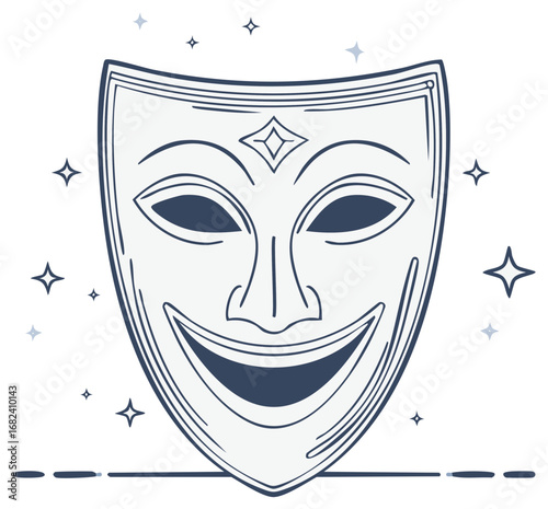 Smiling face mask with star accents conveying drama, mystery, and a theatrical ambiance with a stylized design.
