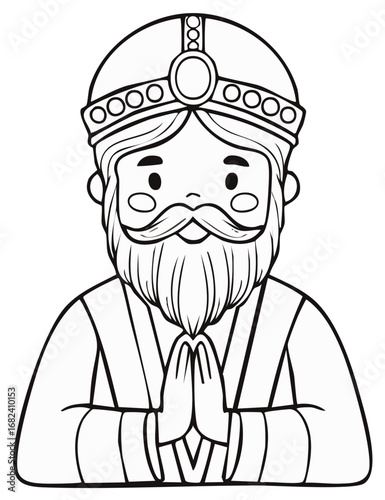 Stylized King with Crown and Beard Praying or Bowing in Traditional Robes