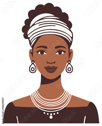 Flat illustration of a woman with dark skin wearing a headwrap and traditional jewelry