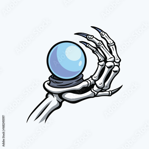 Skeleton hand holding glowing crystal ball