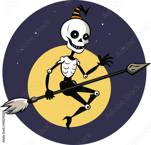 Skeleton riding broomstick across full moon