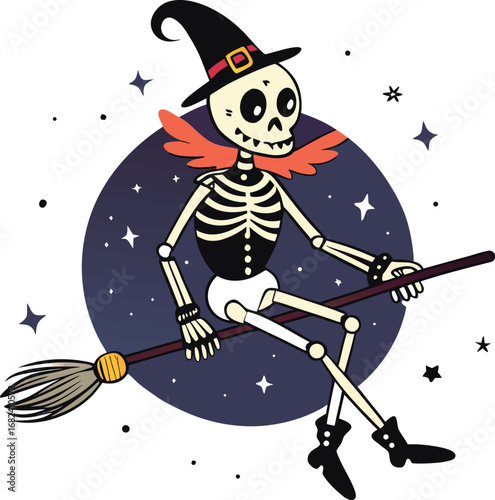 Skeleton riding broomstick across starry sky