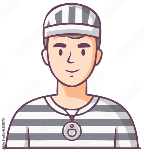 Cartoon Style Young Man Portrait in Striped Prison Uniform with Numbered Tag Illustration