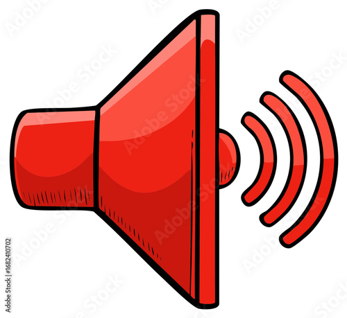 Red speaker icon emitting sound waves in a cartoonish style