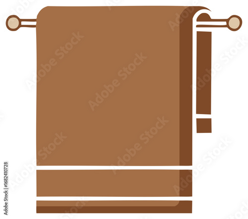 Vector brown towel hanging on a brown towel rack with borders at the bottom edge