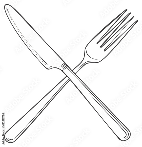 Crossed fork and knife graphic illustration. Black and white cutlery on white.