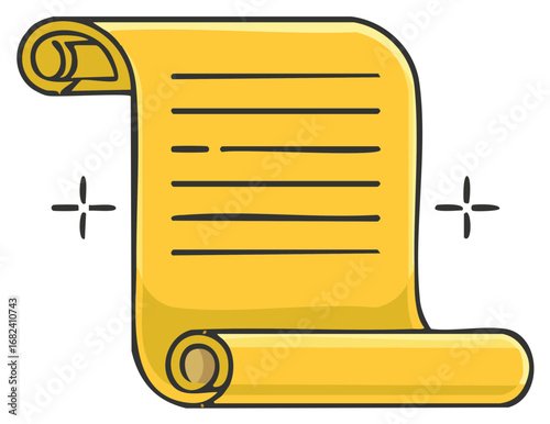 Hand drawn cartoon illustration of a magical golden parchment scroll