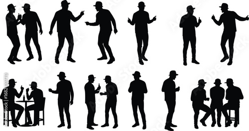 Men talking silhouette collection, friends drinking, casual conversation, social gathering, group discussion, nightlife interaction, bar scene, friendship illustration, people communication