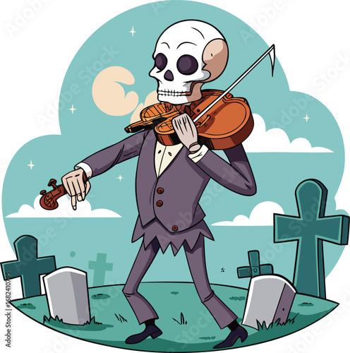 Skeleton playing violin in graveyard