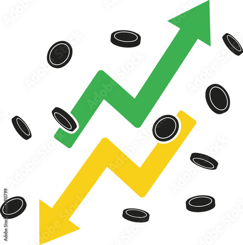 Vector illustration of economic growth and recession symbolized by rising and falling arrows with coins, representing market volatility and investment strategy