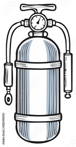 Vintage scuba tank illustration. Diving equipment design in monochrome