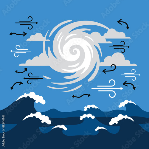 Conceptual flat vector art of a powerful hurricane swirling over a stormy sea with turbulent waves and wind arrows