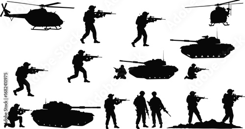 Military soldier silhouette vector, army troops, helicopter, tank, war weapons, combat action, battlefield illustration, defense, tactical armed forces
