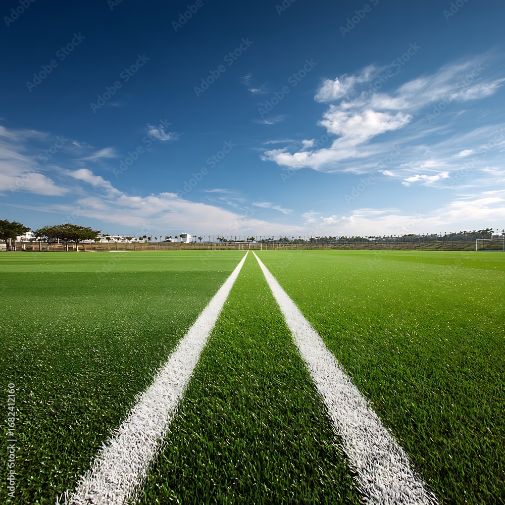 Obraz premium Vibrant green soccer field with crisp white lines under a vast, clear blue sky promising exciting competition and athletic achievement.