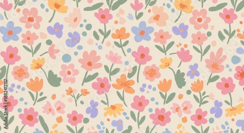 Pastel Floral Pattern: Colorful Hand-Drawn Flowers on Cream.