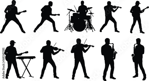 Musician silhouette vector illustration, guitar player, drummer, violinist, saxophone player, keyboardist, rock band, jazz band, music performance art
