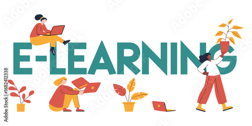 People engaging in e learning with laptops and plants