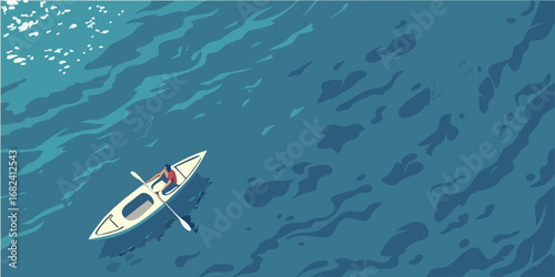 Person kayaking on a vast blue ocean with sunlight reflecting on the water