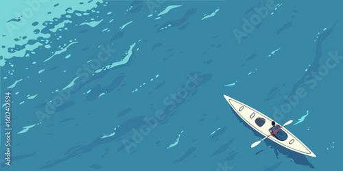 Solo kayaker paddling through rippling blue water