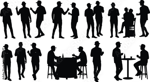 People talking silhouette collection, friends socializing, drinking together, casual conversation, men standing, bar scene, nightlife, communication, friendship, gathering illustration