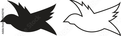 Bird silhouette flat and outline icons set, flying bird shapes, sparrow pigeon dove crow hummingbird seagull black vectors, nature wildlife illustration symbols isolated on transparent background.