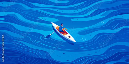 Solo kayaker navigates stylized blue water waves