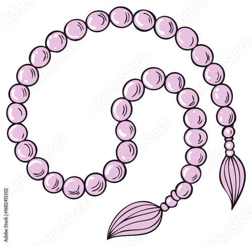 Illustration of a coiled string of pink prayer beads or rosary with tassels