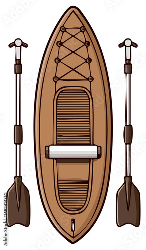 Cartoon Brown Kayak with Paddles Overhead View Watersport Equipment Illustration