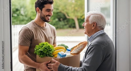 Young man delivers grocery items to an elderly neighbor showing kindness and helping.