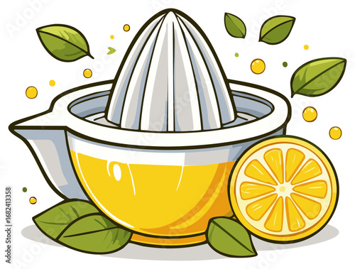 Lemon juice being squeezed using a citrus juicer with lemon slice and leaves