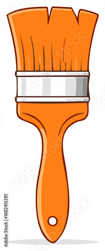 Orange cartoon style paint brush with silver ferrule, illustration of bristles, wooden handle, art supplies, painters tool