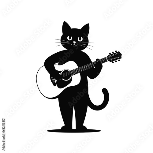 Black cat playing acoustic guitar silhouette