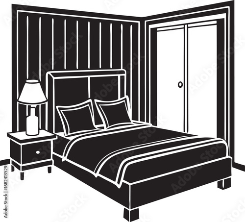 Black and white illustration of a bedroom corner with a bed and closet