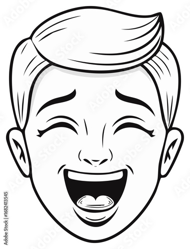 Cartoon face laughing with open mouth showing teeth, vector illustration.