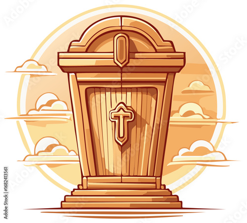 Ornate Tabernacle Shrine with Cross in Fictional Sunny Sky with Clouds