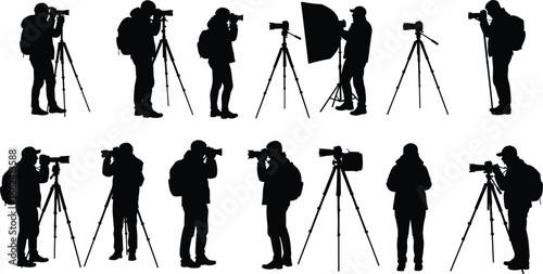 Photographer silhouette, camera tripod, professional photography, photo shoot, outdoor photographer, studio light, photography equipment, camera lens, travel photo, creative art