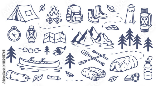 Outdoor Adventure and Camping Doodle Set tent campfire