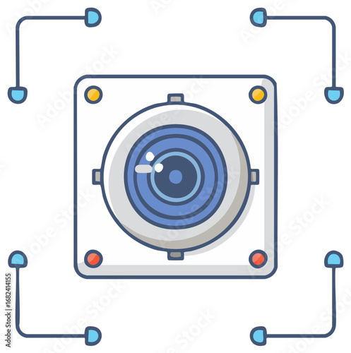 Futuristic robotic eye or security camera sensor icon for technology and surveillance concepts