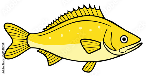 Simple cartoon illustration of a bright yellow fish with spiny fins. Isolated vector graphic of a swimming sea animal.