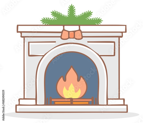 Charming fireplace with cozy fire, decorated with a bow and evergreen branches, cartoon illustration.
