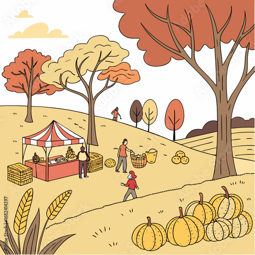 Enjoy the nature, farm and outdoor at the Fall Festival in autumn farmland vector illustration of coloring page black and white