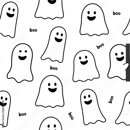 Seamless Cute Ghost Pattern with Cartoon Spooky Characters
