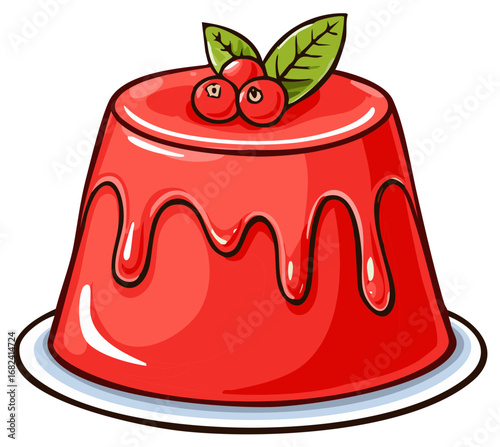 Vibrant Red Jelly Dessert Topped with Berries and Leaves on a Plate, Gelatin Sweet Treat