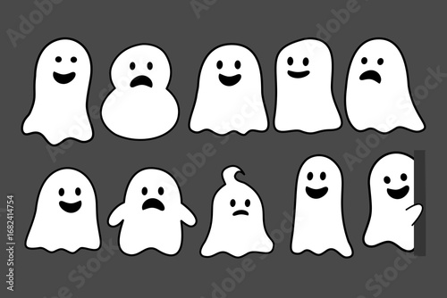 A cute ghost clipart collection featuring adorable cartoon ghosts with funny and spooky expressions.