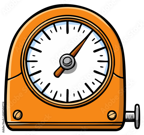 Whimsical orange cartoon measuring gauge with a prominent white dial and a bold brown pointer for accuracy