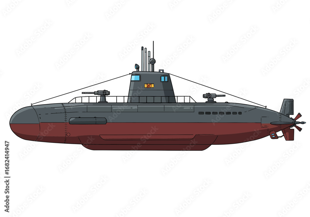 Fototapeta premium Powerful military submarine with cannons and periscope ready for underwater missions