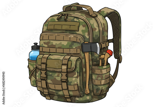 Rugged camouflage backpack packed with survival gear, axe, and water bottle ready for adventure