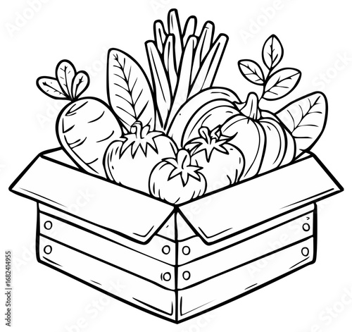 Outline illustration of fresh assorted vegetables in a rustic wooden crate representing healthy farm produce