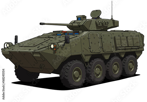 Modern military armored vehicle with eight wheels and a powerful cannon, ready for action.